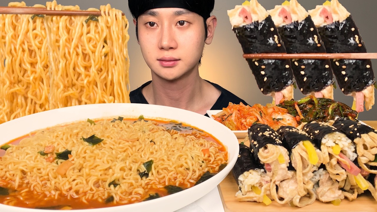 새우탕 라면 3봉지 & 꼬마김밥, 참치김밥, 배추김치, 파김치 꿀조합 먹방 ASMR KOREAN Spicy Noodles Ramen & Kimbap, Kimchi MUKBANG