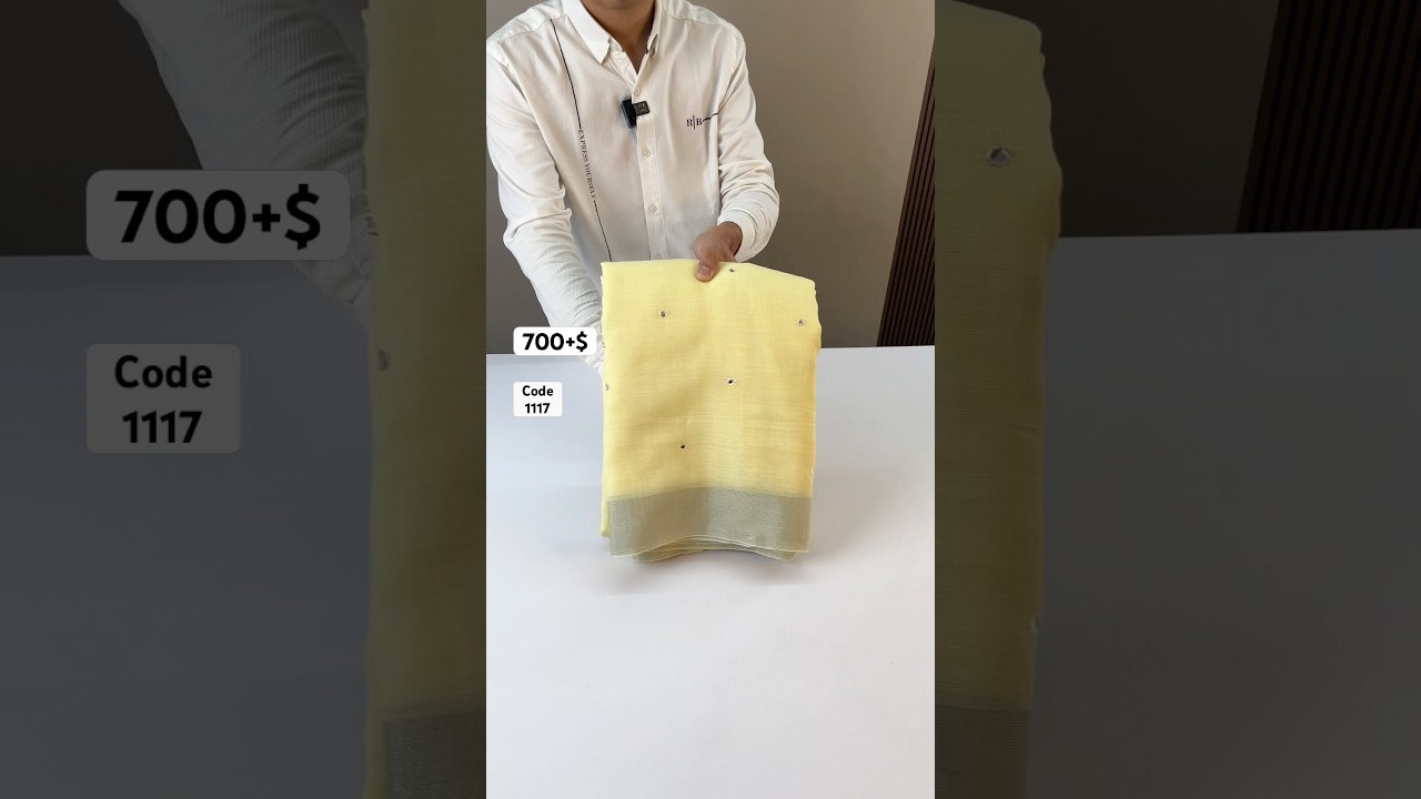 Мягкое льняное сари плотностью 90 нитей с вышивкой и отделкой фольгой с зеркальными элементами, к...