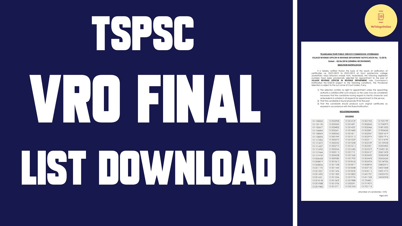 TELANGANA VRO FINAL LIST 2019 | TSPSC VRO FINAL LIST DOWNLOAD IN TELUGU