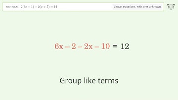 Linear equation with one unknown: Solve 2(3x-1)-2(x+5)=12 step-by-step solution