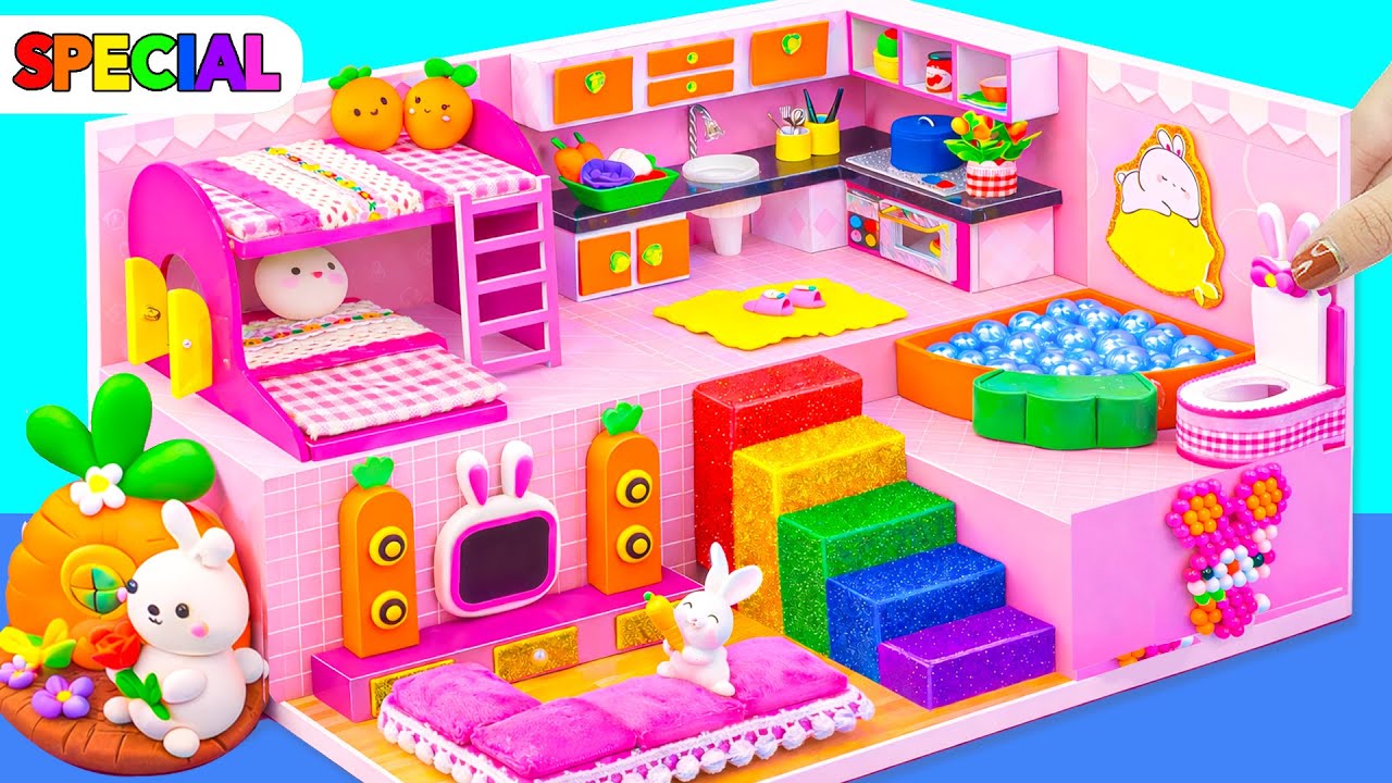 Make Super Pink Bunny House with Bunk Bed, Rainbow Stairs & Ball Pool Bathtub 🌈 DIY Miniature House