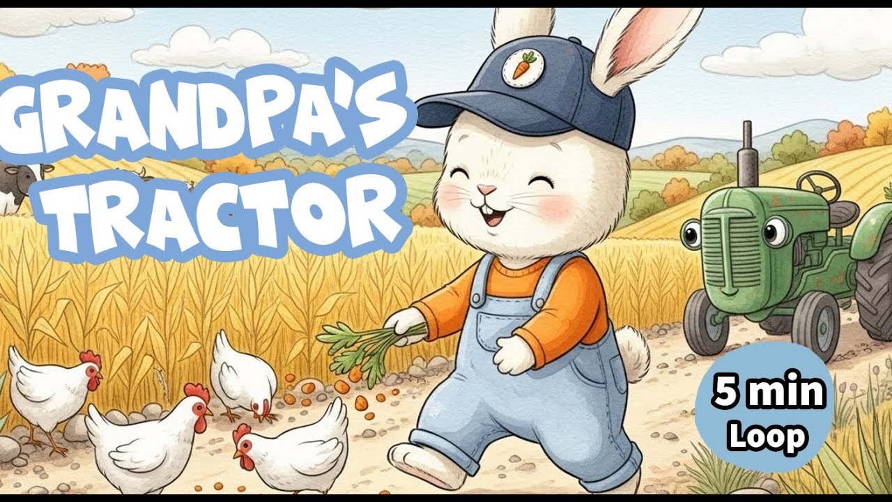 [5 Min Loop] Grandpa's Tractor | Farm Animals | Ducks, Cows, Birds, Frogs, Chickens | Music for Kids