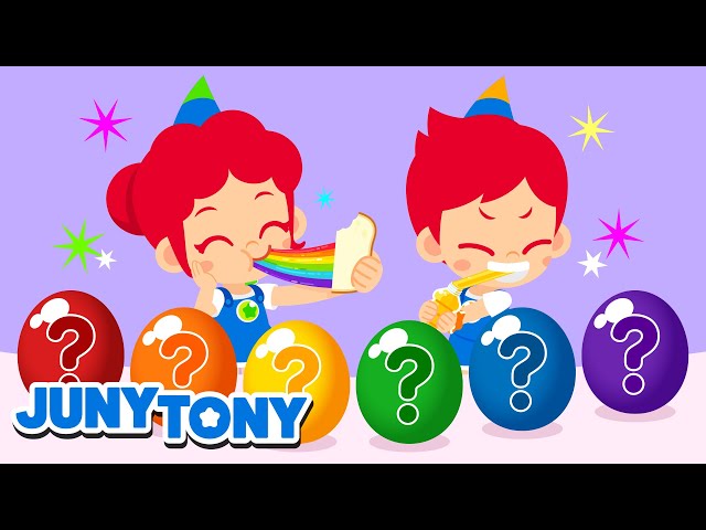Surprise Eggs Song | Colorful Rainbow Desserts | Kids Songs & Nursery Rhymes | JunyTony class=