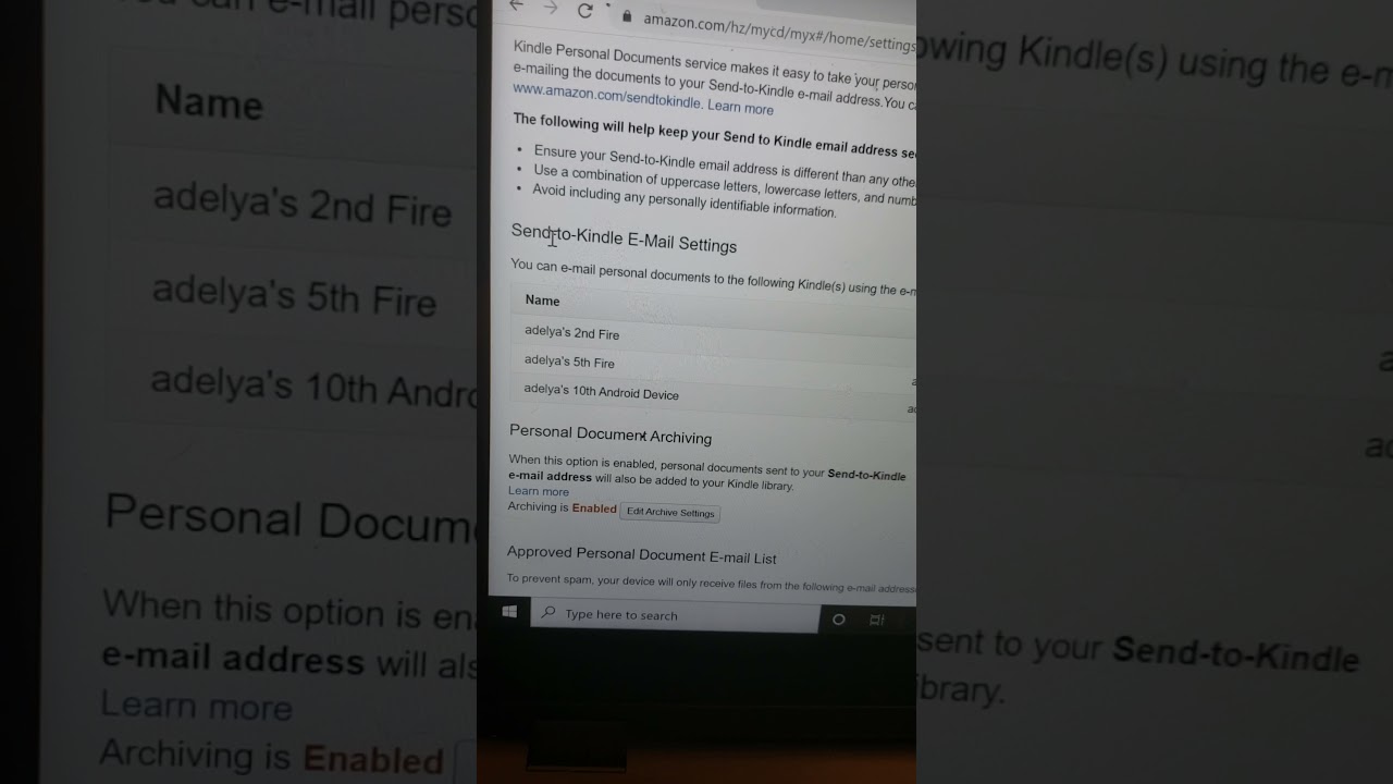 where is my kindle personal documents settings page