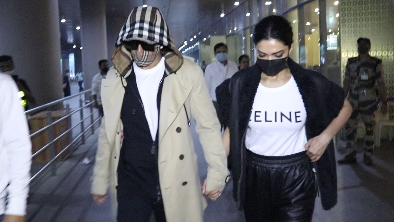 Team 83 Ranveer Singh With Wife Deepika Padukone At Mumbai Airport Coming Back From  Movie Promotion