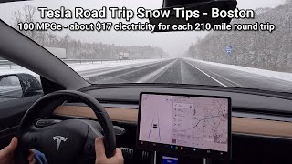 Tesla in Snow Tips, Boston - AutoPilot &amp; wiper tests, 210 miles at 100 MPGe is $17