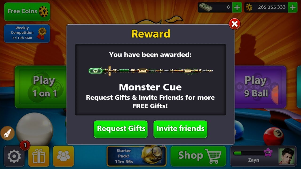 MONSTER CUE REWARD 8 BALL POOL