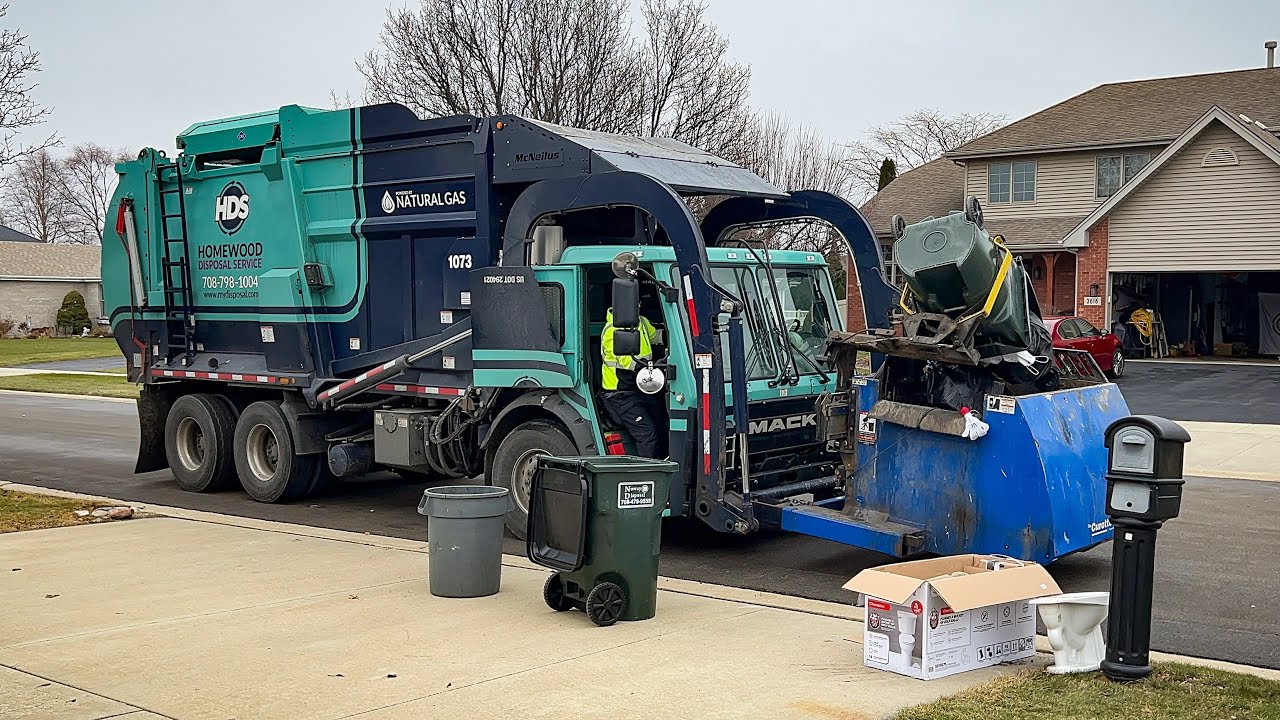 Homewood Mack LR McNeilus Meridian Curotto Can Tackling Heavy Post Christmas Trash