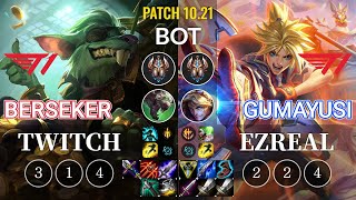 T1 Berseker Twitch vs T1 Gumayusi Ezreal Bot - KR Patch 10.21