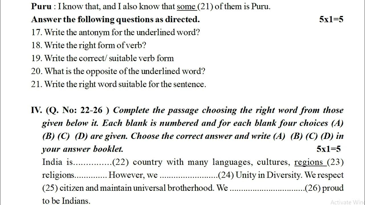 English sa1 sample question paper class 7 sa1 English test paper class vii 7th class English