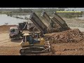 HYUNDAI SCANIA Dump Trucks Unloading Soil & Komatsu Bulldozer Pushing ឡានយីឌុបចាក់ដី អាប៊ុលរុញដី