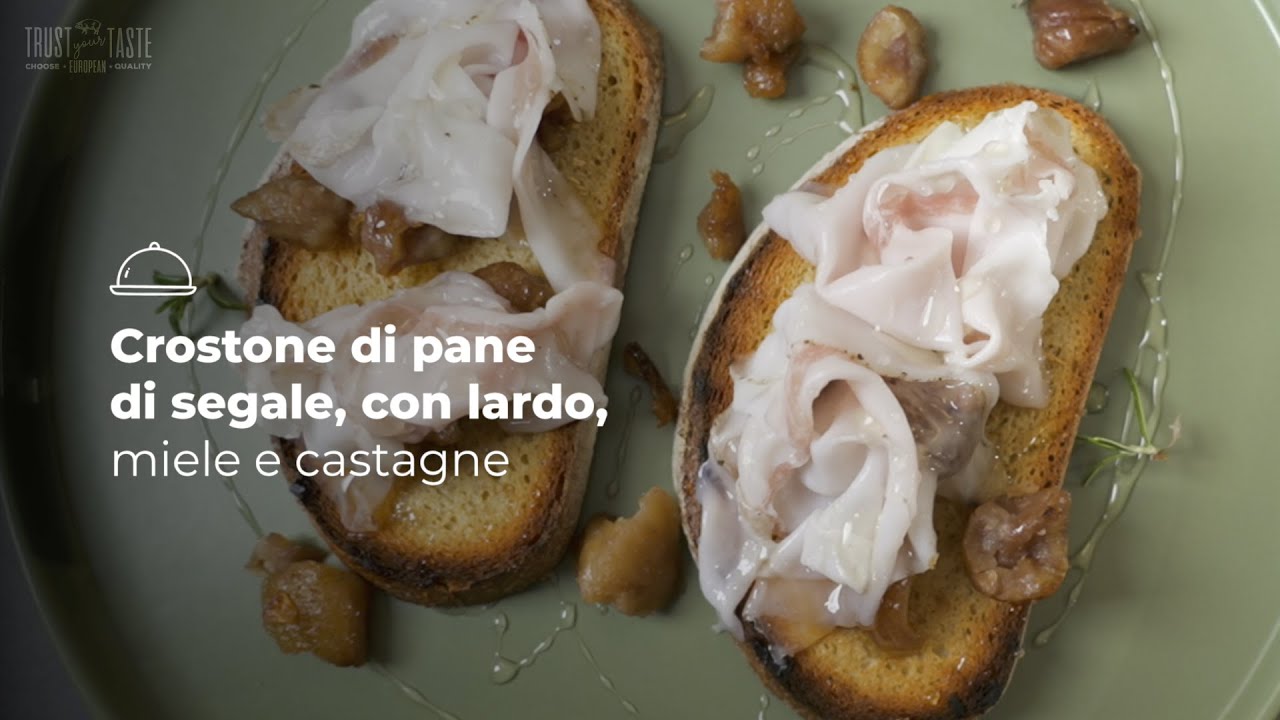 Crostone di pane integrale, con lardo, miele e castagne