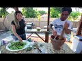 Lao food making papaya salad with chicken soupsticky rice in fresno  caeating home cooked meal