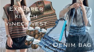 Knitting vlog  Explorer kitsch vneck vest & Denim bag • 키치한 조끼와 데님백 만들기 • Y2Kベストとデニムバッグを編む