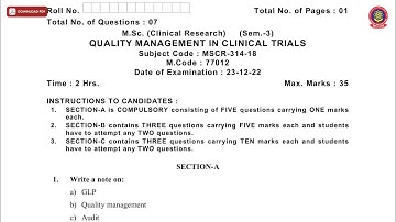 MSC 3RD SEM CR QUALITY MANAGEMENT IN CLINICAL TRIALS DEC 2022 | PTU