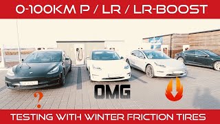 TESLA MODEL 3 Performance vs Lr-Boost vs Lr - 0-100 test WINTER TYRES by FrostyFingers 18,577 views 4 years ago 10 minutes, 13 seconds