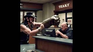 Lemmy threatens bank teller with an iron fist