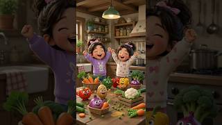 Two Cute Little Girls Cleaning the Kitchen with Happy vegetable