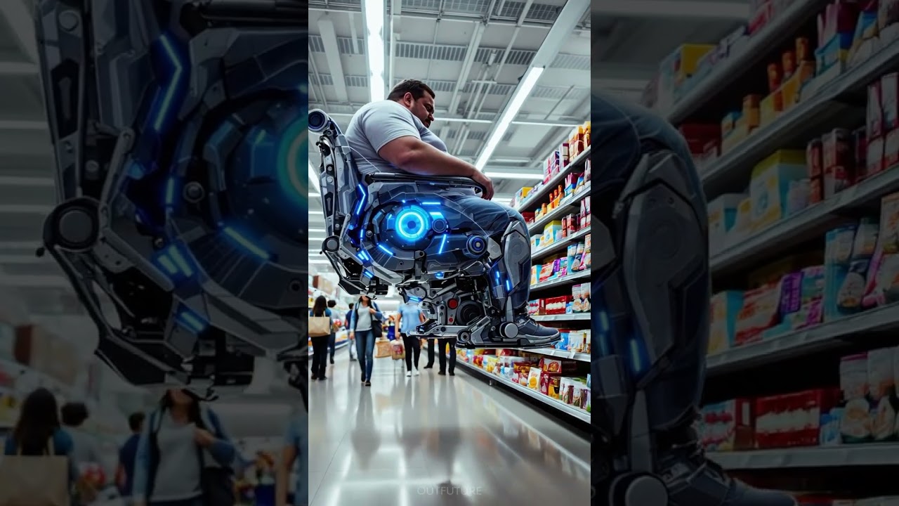 Year 2055, American Overweight Man looks around Grocery Store in his Flying Cyber Chair