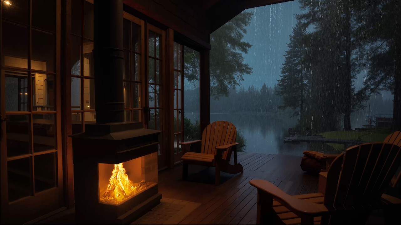 Cozy Cabin with Fireplace on a Rainy Night | Natural Rain Sounds for ...