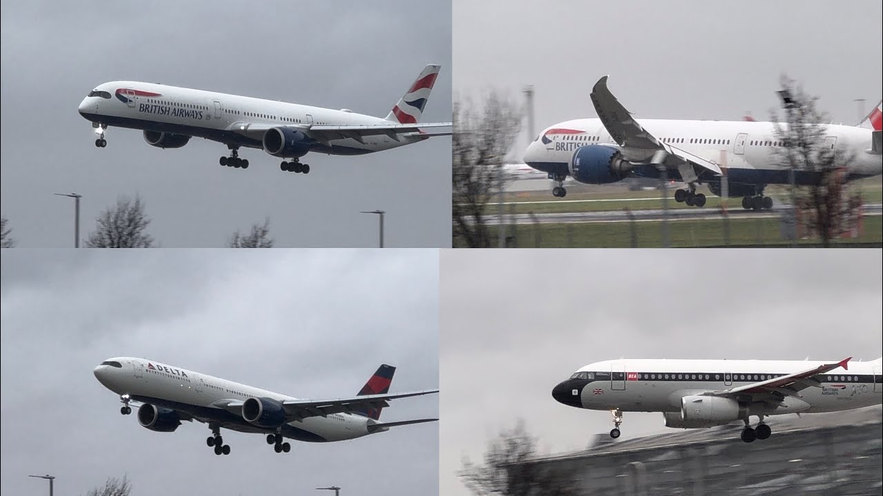 Windy Landings at Heathrow Airport A350 A330 A380 Storm Herminia - YouTube