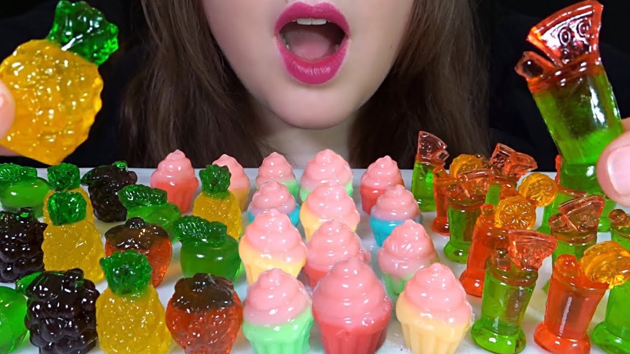 ASMR 3D GUMMY CANDY PLATTER [Fruit, Cupcakes, Cocktails] EXTREMELY  SATISFYING CHEWY EATING SOUNDS! 