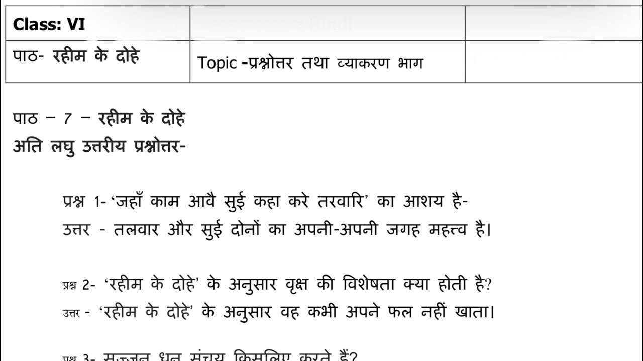 Rahim ki dohe Class 6, Hindi new book chapter question answer and grammar solution with explanation
