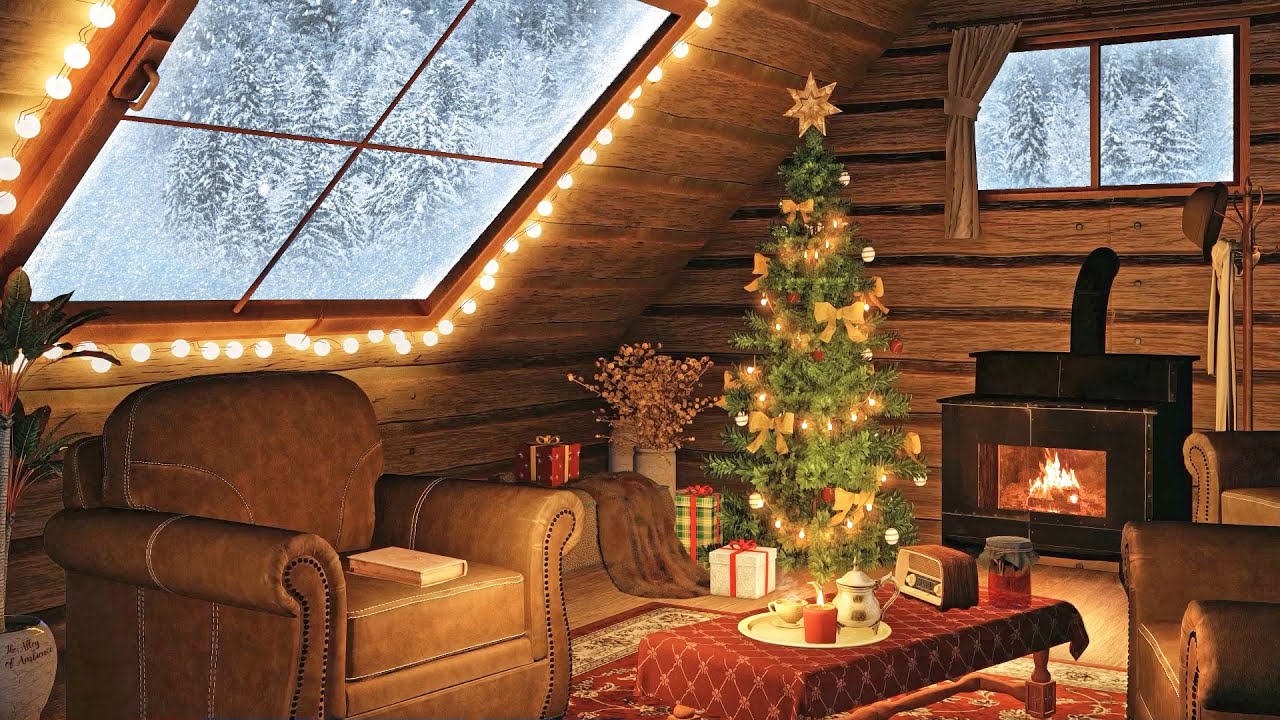 Winter Day in Cozy Christmas Cabin with Snowstorm, Fireplace and