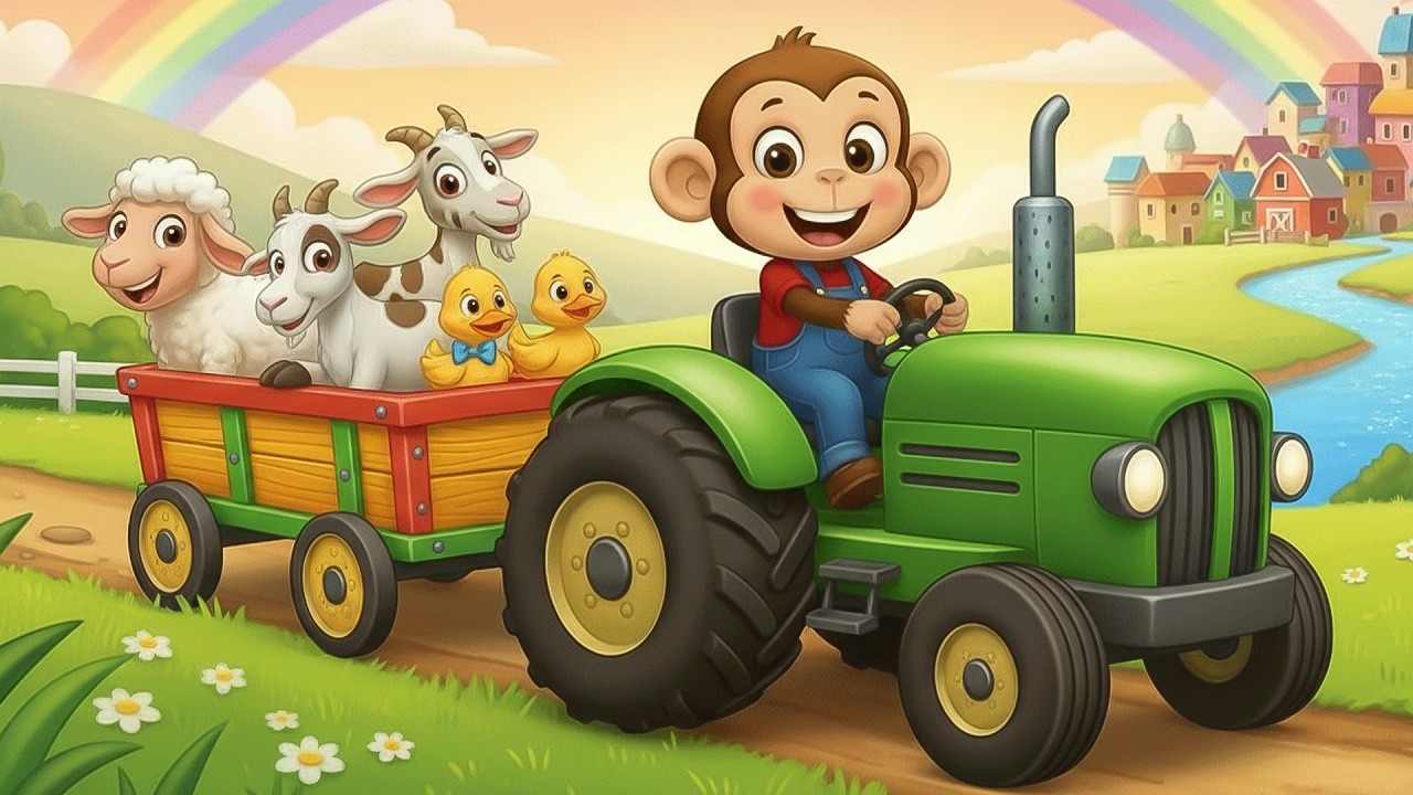 Monkey Farmer Fixes His Tractor & Takes Chickens, Ducks, and Friends on a Fun Ride | Monkey Cartoon🐒