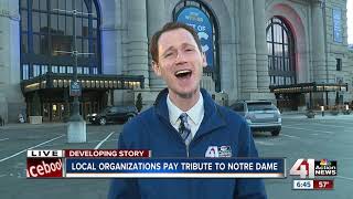 Union Station among Kansas City landmarks and people paying tribute to France