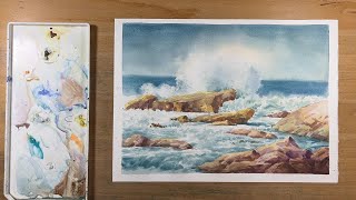 Watercolor painting techniques - Waves Crashing On Rocks