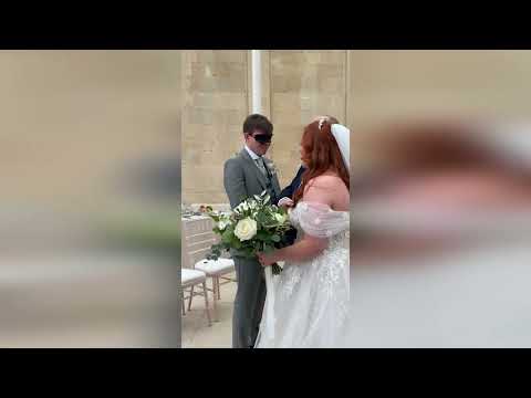 Heartwarming video sees blind bride walk down aisle - as groom and guests sport blindfolds