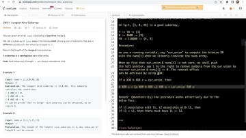 Leetcode 2401. Longest Nice Subarray - two-pointer sliding window, bitwise ops