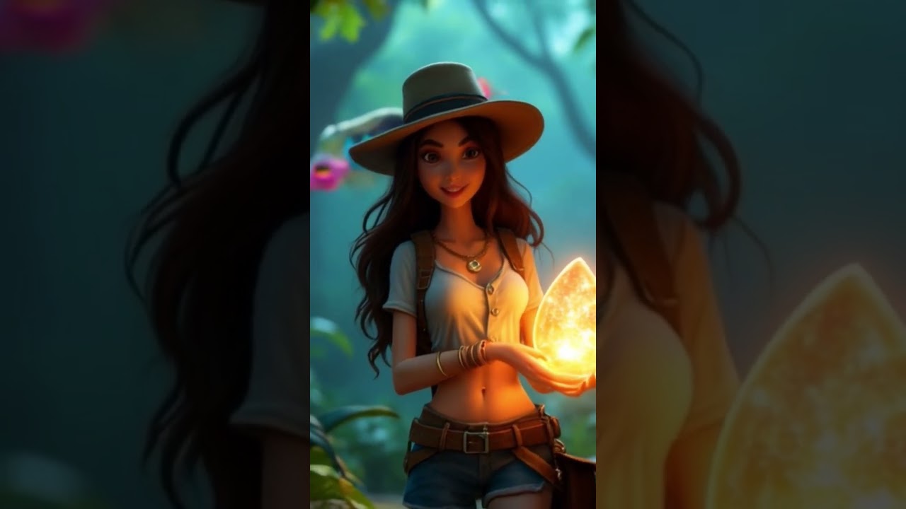 A brave explore woman, handing a glowing crystal compass, venting through a lush jungle.