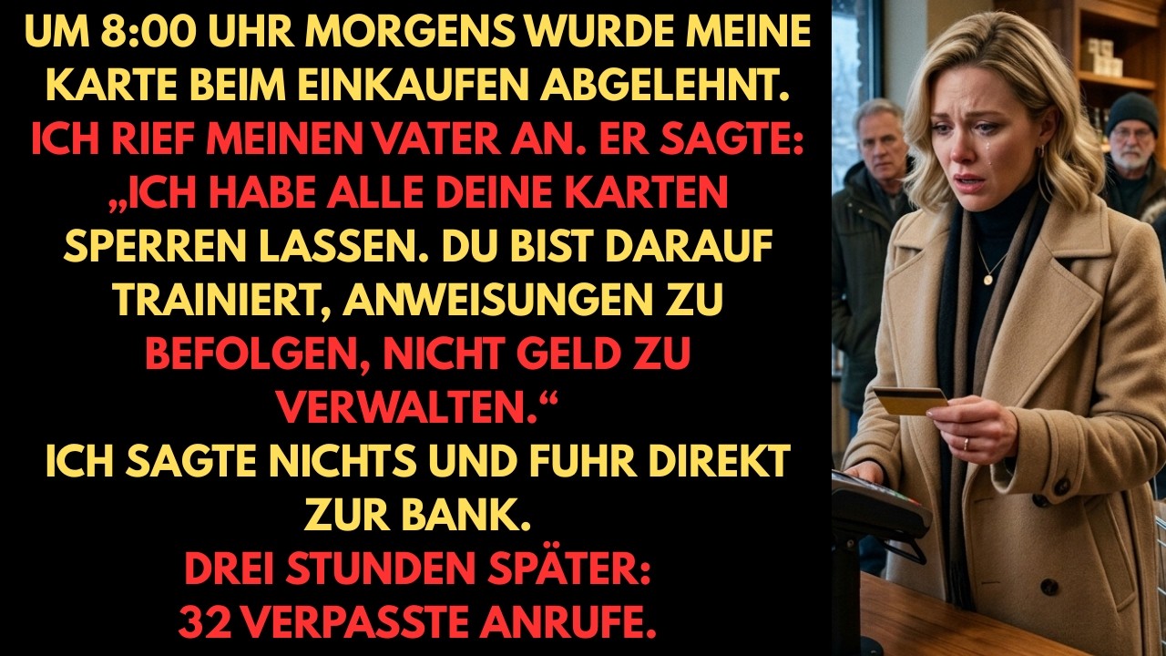 Mijn creditcard werd geweigerd bij de kassa van de supermarkt. Veertig euro. Ik wilde het afschrijven als een bankfout, tot ik mijn vader belde. Zijn stem klonk kalm, afstandelijk: "Je bent...