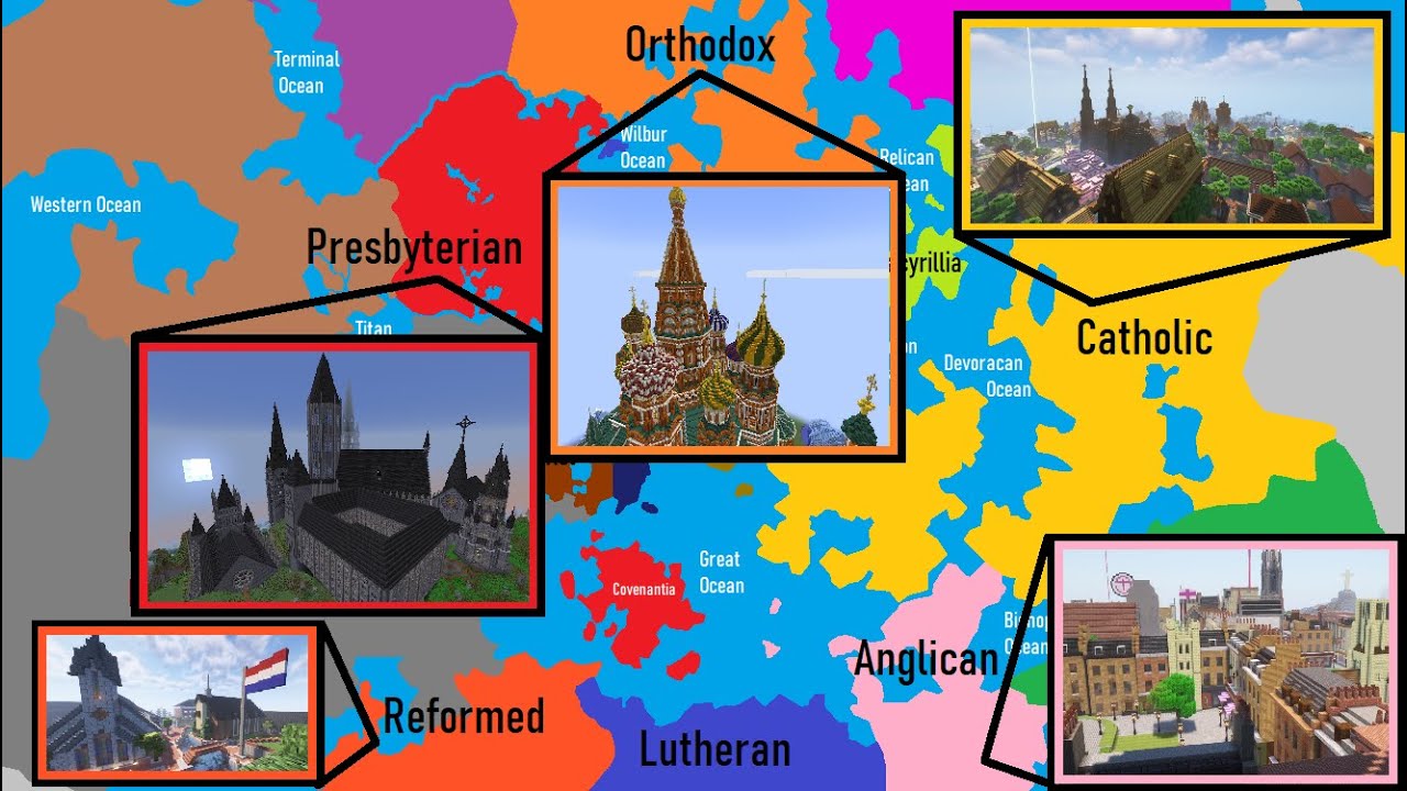 Each denomination's nation on our Minecraft server