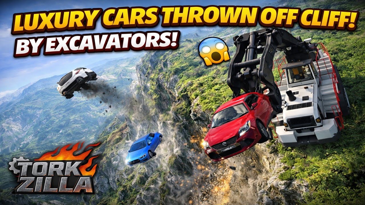Luxury Cars Thrown Off a Cliff by Excavators! 😱🚜 Extreme Destruction Challenge