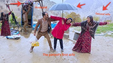 The husband and  first sick wife return home and expel the second wife from  house and into  tent.