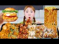 Mukbang korean chicken spicy noodles and hamburger by hiu 