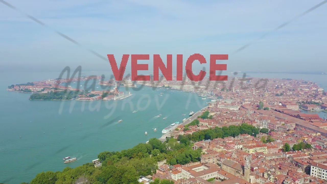 Inscription on video. Venice, Italy. Panoramic view of the historic center of Venice. sunny day. On