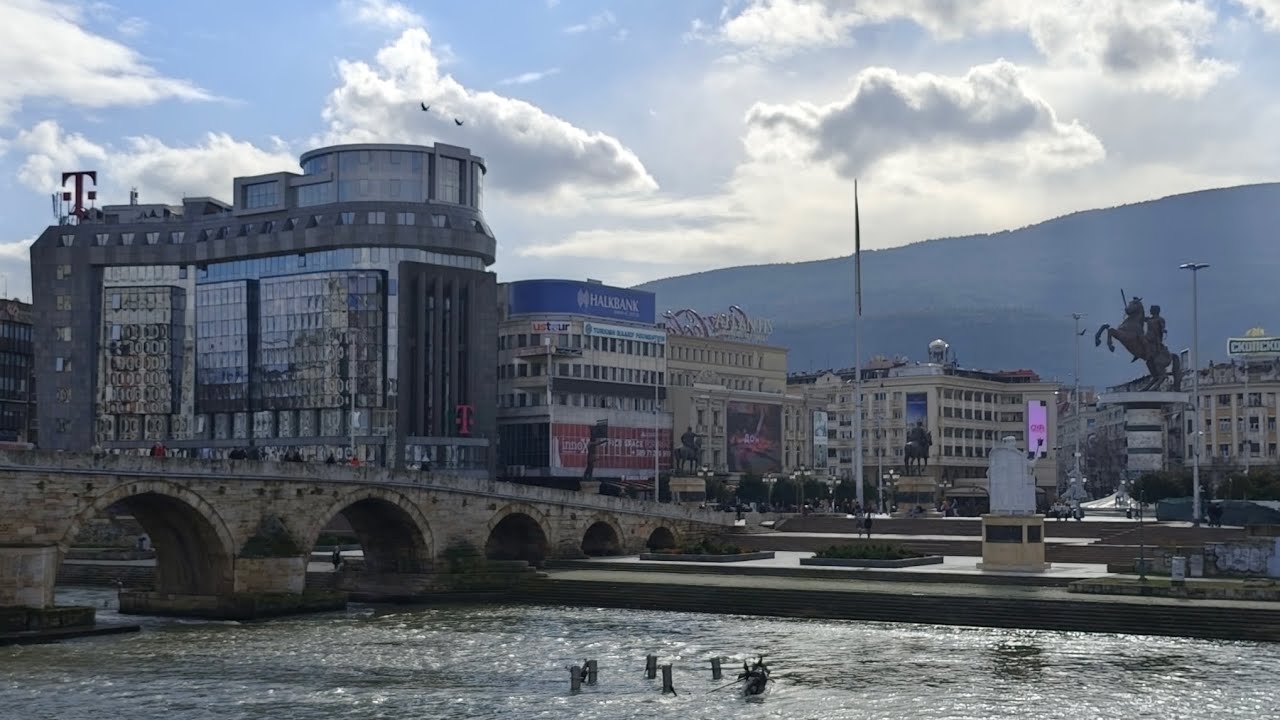 Macedonian capital Skopje city centre around river Vardar 