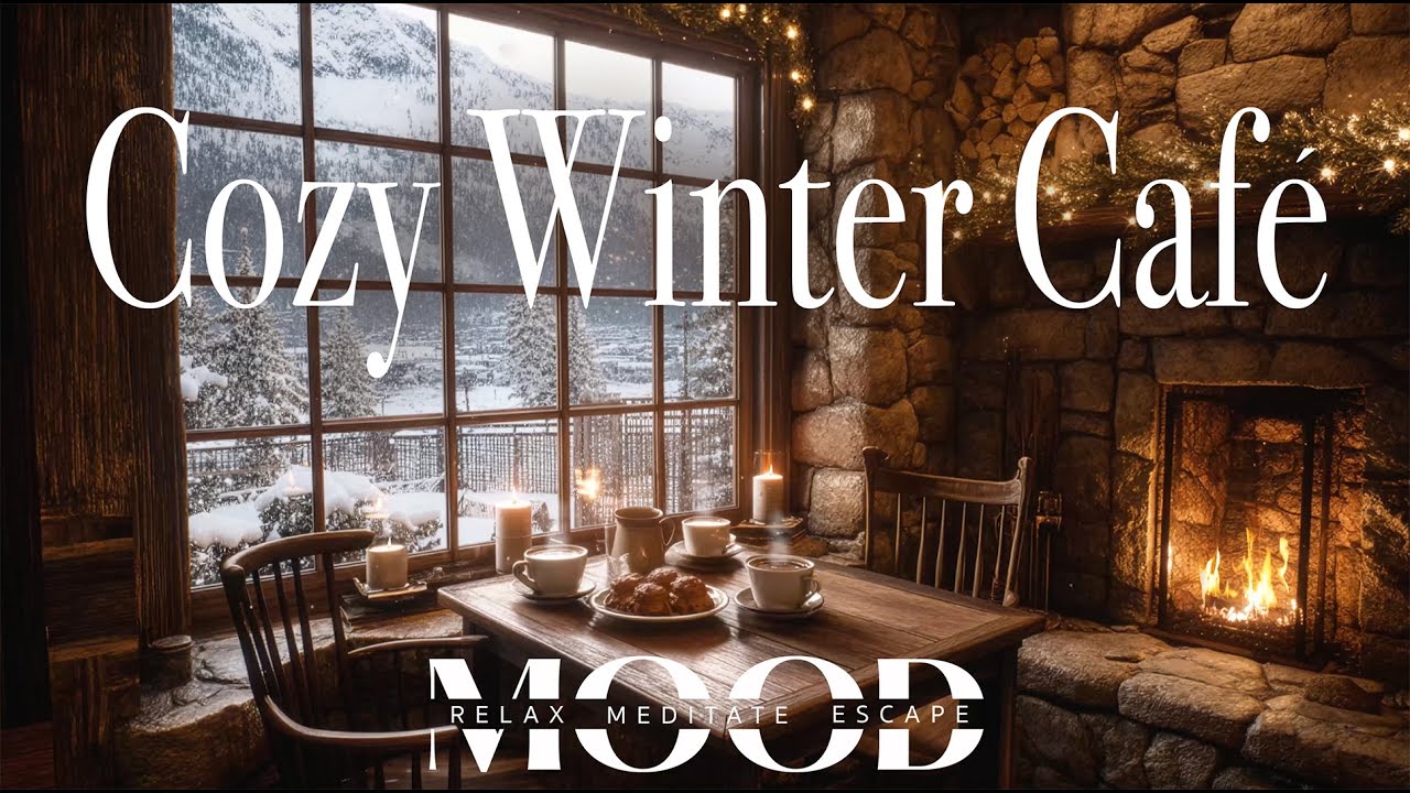 ❄️ Cozy Mountain Café Ambience | Crackling Fireplace, Snow View & Relaxing Tea Time