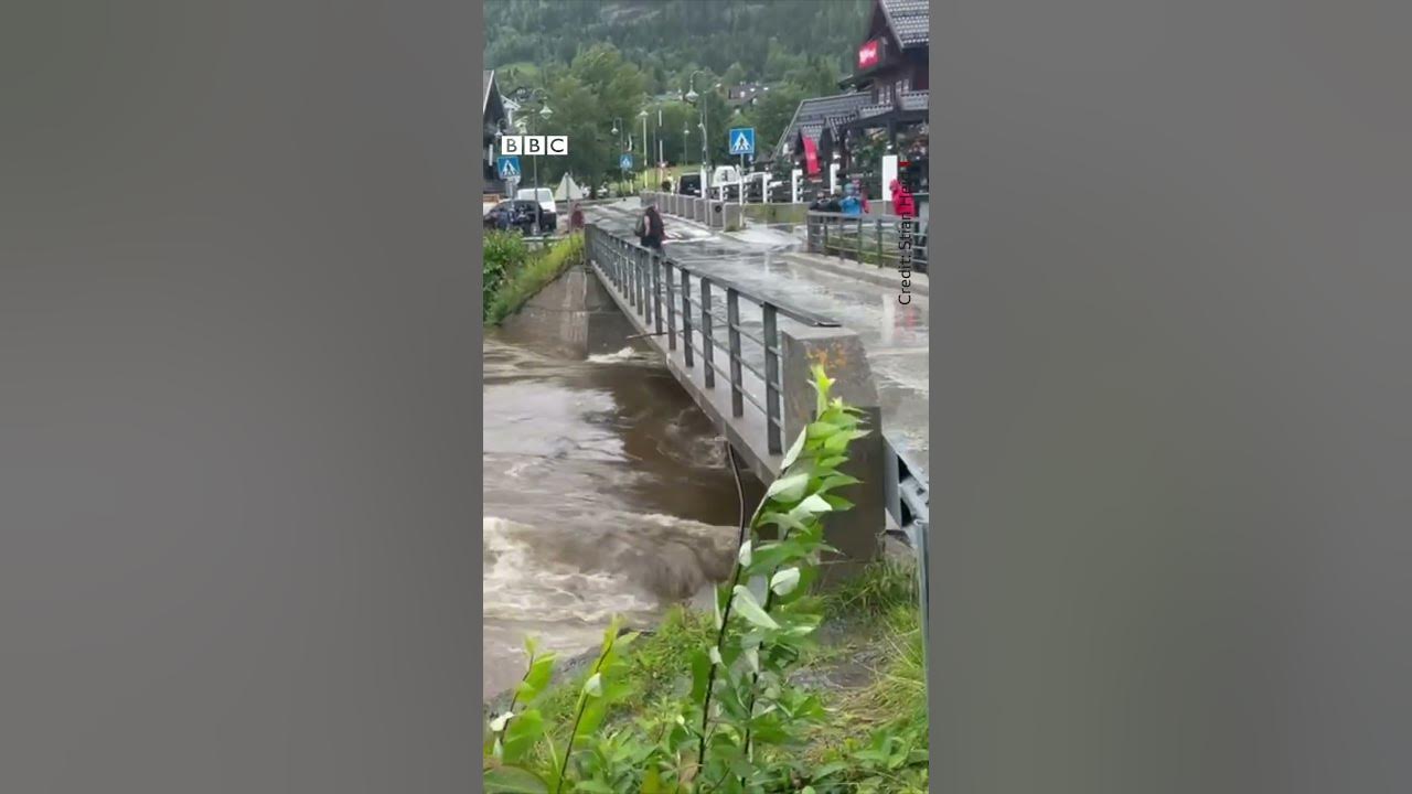 Floodwaters in Norway sent mobile homes crashing into a bridge. #Shorts #Norway #BBCNews