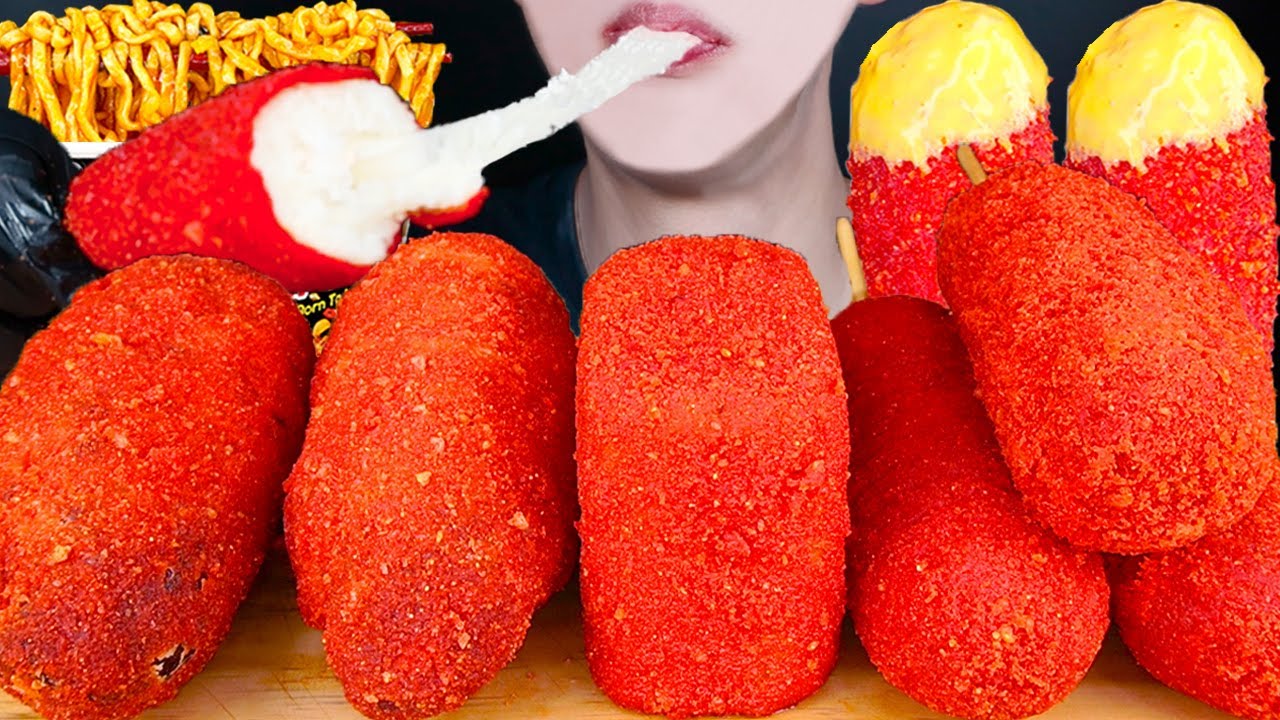 ASMR HOT CHEETOS CHEESE CORN DOGS SPAM FIRE NOODLES SAUSAGE COOKING MUKBANG 치토스 먹방 咀嚼音 EATING SOUNDS
