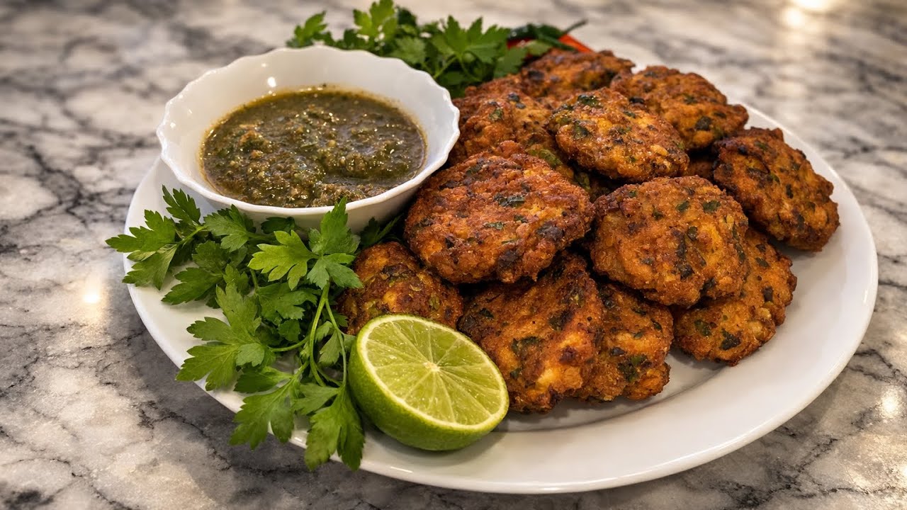 Crispy Chicken Fritters with Green Chutney Golden, juicy,and full of flavor طلایی، و پر از طعم