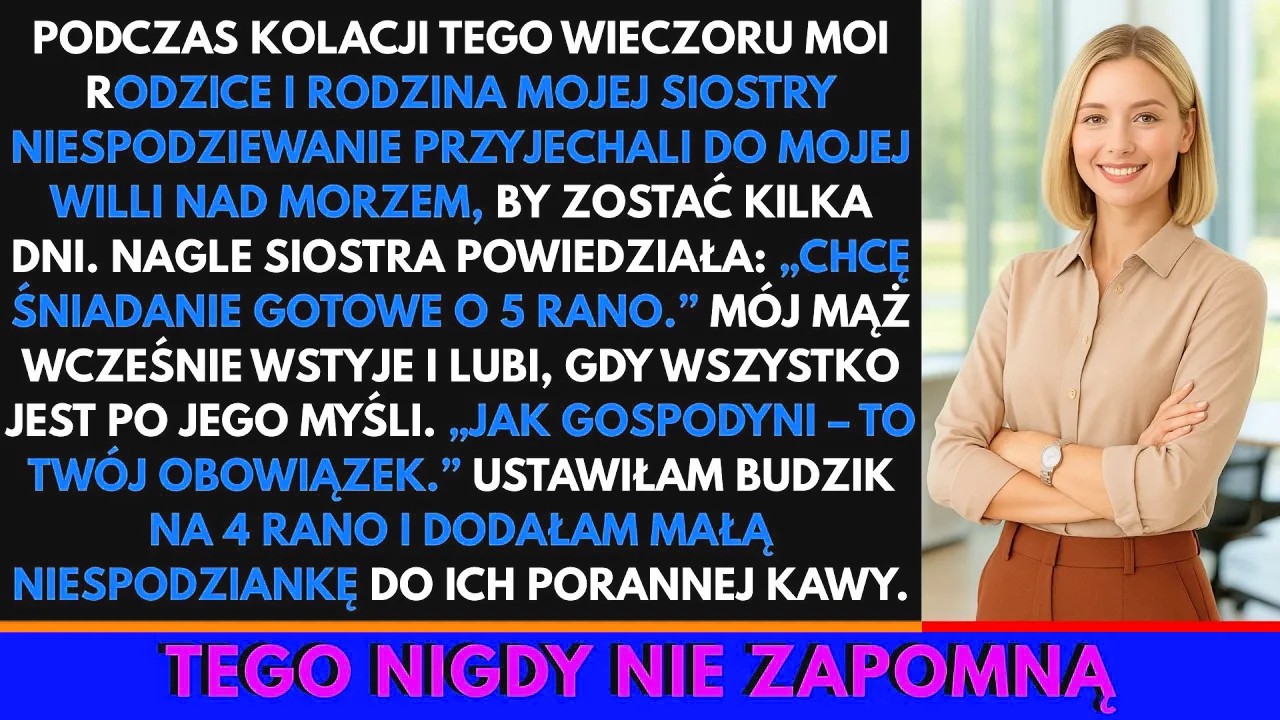 Siedziałam sama przy kolacji, gdy w piątkowy wieczór zadzwonił dzwonek do drzwi. Za progiem stała cała moja rodzina z trzema walizkami, bez żadnego telefonu czy SMS-a. Weszli bez pytania, a w...