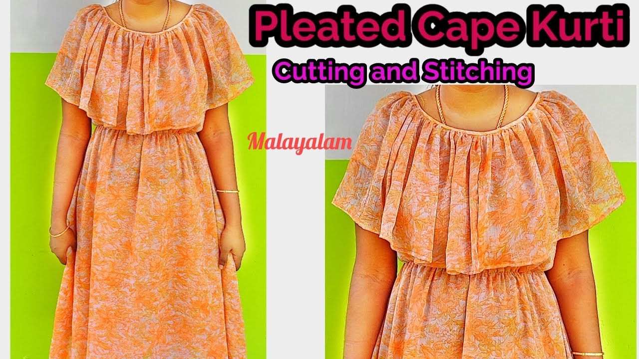 Pleated Cape Kurti with Elastic waist/Cape kurti cutting and stitching in malayalam