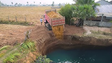 The project began with a MITSUBISHI bulldozer pushing rocks and soil into the pond.