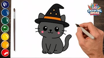 How to Draw a Cute Cat with Witch Hat - Easy Halloween Drawing for Kids