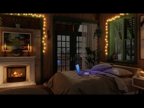 Cozy Winter Night Ambience With Your Cat❄️🔥Calming Wind, Crackling fire & Occasional Purring Sounds